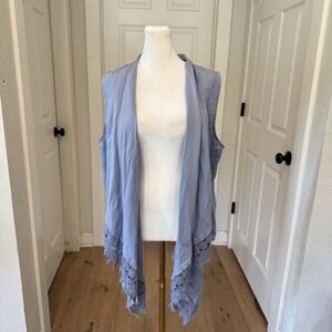 Ruby Rd Blue 100%‎ Linen Vest Open Wrap Waterfall Crochet Coastal Beachy Sz PM